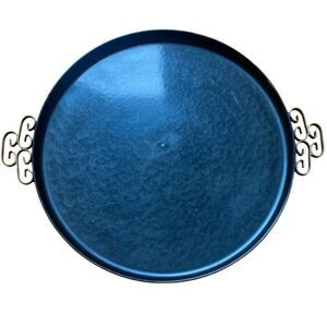 Vintage Enameled Metal Round Tray MOIRE GLAZE KYES MCM U.S.A. Pasadena CA grey